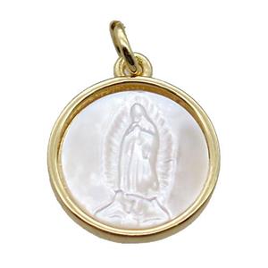 copper circle pendant with shell virgin mary, gold plated, approx 14mm dia