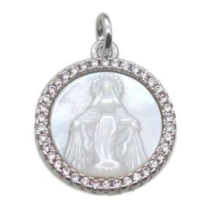 copper circle pendant pave zircon with shell virgin mary, platinum plated, approx 15mm dia