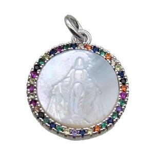 copper circle pendant pave zircon with shell virgin mary, platinum plated, approx 15mm dia
