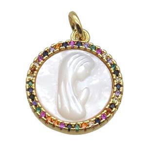 copper circle pendant pave zircon with shell virgin mary, gold plated, approx 15mm dia