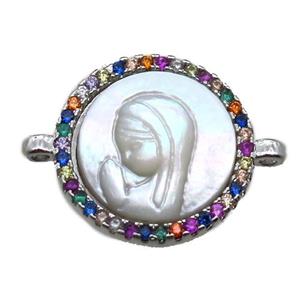 copper circle conector pave zircon with shell virgin mary, platinum plated, approx 15mm dia
