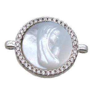 copper circle conector pave zircon with shell virgin mary, platinum plated, approx 15mm dia