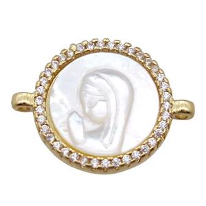 copper circle conector pave zircon with shell virgin mary, gold plated, approx 15mm dia