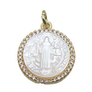 copper circle pendant pave zircon with shell virgin mary, gold plated, approx 15mm dia