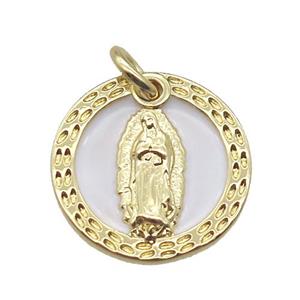 copper circle pendant with shell virgin mary, gold plated, approx 14mm dia
