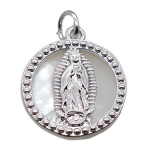 copper circle pendant with shell virgin mary, platinum plated, approx 15mm dia