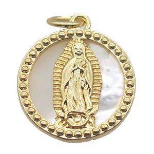 copper circle pendant with shell virgin mary, gold plated, approx 15mm dia