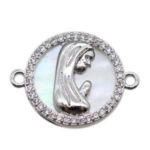 copper circle connector pave zircon with shell virgin mary, platinum plated, approx 15mm dia