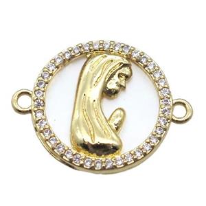 copper circle connector pave zircon with shell virgin mary, gold plated, approx 15mm dia