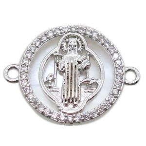 copper circle connector pave zircon with shell virgin mary, platinum plated, approx 15mm dia