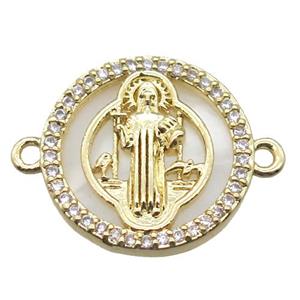 copper circle connector pave zircon with shell virgin mary, gold plated, approx 15mm dia