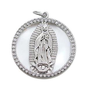 copper circle pendant pave zircon with shell virgin mary, platinum plated, approx 22mm dia