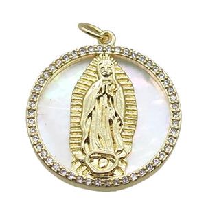 copper circle pendant pave zircon with shell virgin mary, gold plated, approx 22mm dia