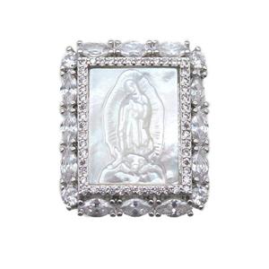 copper rectangle pendant pave zircon with shell virgin mary, platinum plated, approx 20-25mm