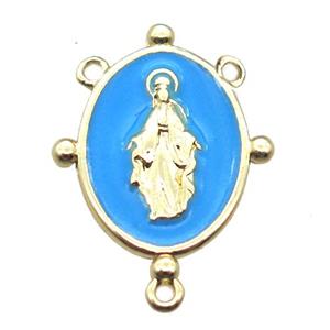 copper oval hanger bail with blue enameling virgin mary, gold plated, approx 12-17mm