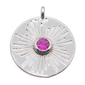 copper circle pendant paved zircon, platinum plated, approx 15mm dia