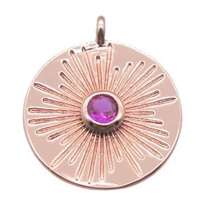 copper circle pendant paved zircon, rose gold, approx 15mm dia