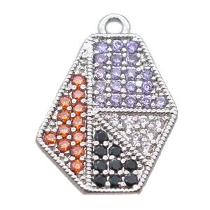 copper Polygon pendant paved zircon, platinum plated, approx 13-15mm