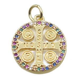 copper circle pendant paved zircon, gold plated, shell backing, approx 15mm dia