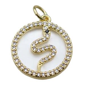 copper circle pendant paved zircon with snake, gold plated, shell backing, approx 15mm dia