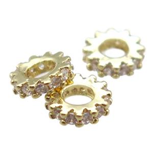 copper rondelle beads paved zircon, wheel, gold plated, approx 6mm dia