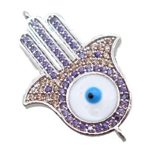 copper hamsahand connector paved zircon with evil eye, platinum plated, approx 18-26mm