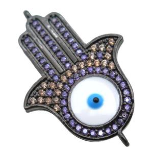 copper hamsahand connector paved zircon with evil eye, black plated, approx 18-26mm