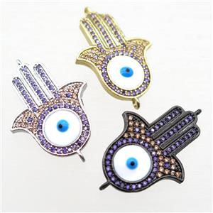 copper hamsahand connector paved zircon with evil eye, mixed, approx 18-26mm
