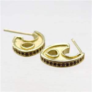 copper stud Earring paved zircon, gold plated, approx 12-15mm
