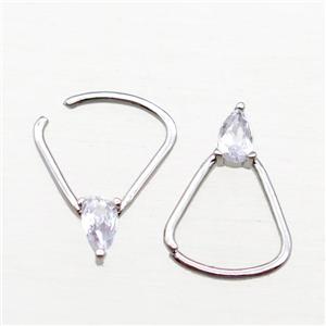 copper Hoop Earrings paved zircon, triangle, platinum plated, approx 11-15mm