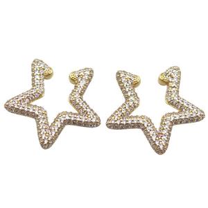 copper Clip Earrings pave zircon, star, gold plated, approx 25mm dia