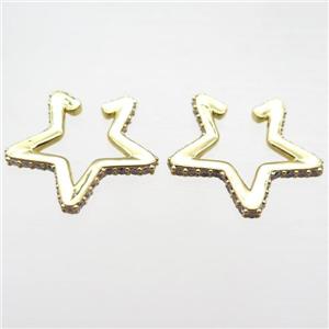 copper Clip Earrings pave zircon, star, gold plated, approx 28mm