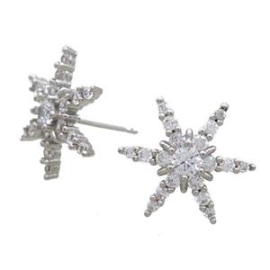 copper Studs Earrings paved zircon, snowflake, platinum plated, approx 16mm dia