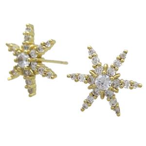 copper Studs Earrings paved zircon, snowflake, gold plated, approx 16mm dia