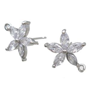 copper Studs Earrings paved zircon, flower, platinum plated, approx 13mm dia