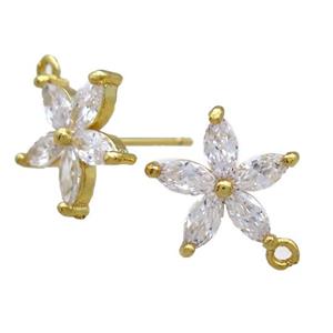 copper Studs Earrings paved zircon, flower, gold plated, approx 13mm dia