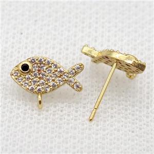 copper Studs Earrings paved zircon, fish, gold plated, approx 6-13mm