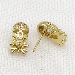 copper Studs Earrings paved zircon, skull, gold plated, approx 8-14mm