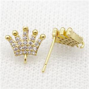 copper crown Studs Earrings paved zircon, gold plated, approx 11mm
