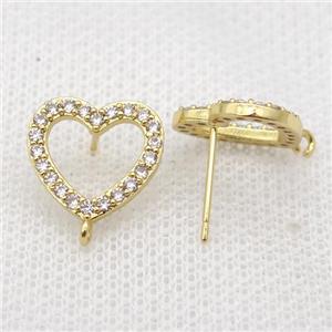 copper heart Studs Earrings paved zircon, gold plated, approx 13mm dia