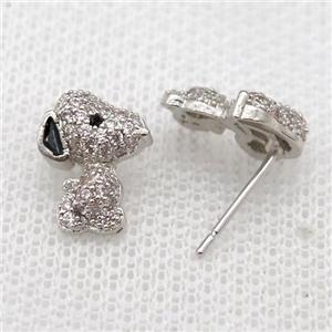 copper Studs Earrings paved zircon, dog, platinum plated, approx 9-11mm