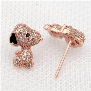 copper Studs Earrings paved zircon, dog, rose gold, approx 9-11mm