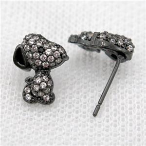 copper Studs Earrings paved zircon, dog, black plated, approx 9-11mm