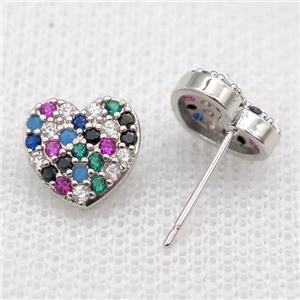 copper Studs Earrings paved zircon, heart, platinum plated, approx 10mm