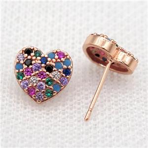 copper Studs Earrings paved zircon, heart, rose gold, approx 10mm