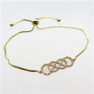 copper bracelet paved zircon, infinity, gold plated, Adjustable, approx 9-25mm, 24cm length