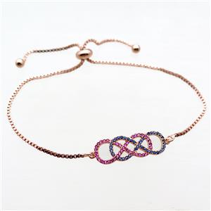 copper Adjustable bracelet paved zircon, infinity, rose gold, approx 9-25mm, 24cm length