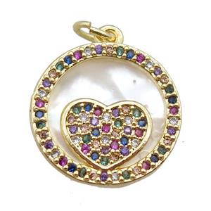 copper circle heart pendant paved zircon, gold plated, shell backing, approx 15mm dia