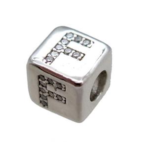 copper cube letter-F beads pave zircon, platinum plated, approx 8x8mm