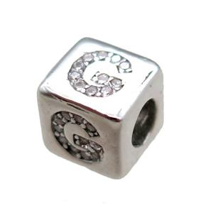 copper cube letter-G beads pave zircon, platinum plated, approx 8x8mm